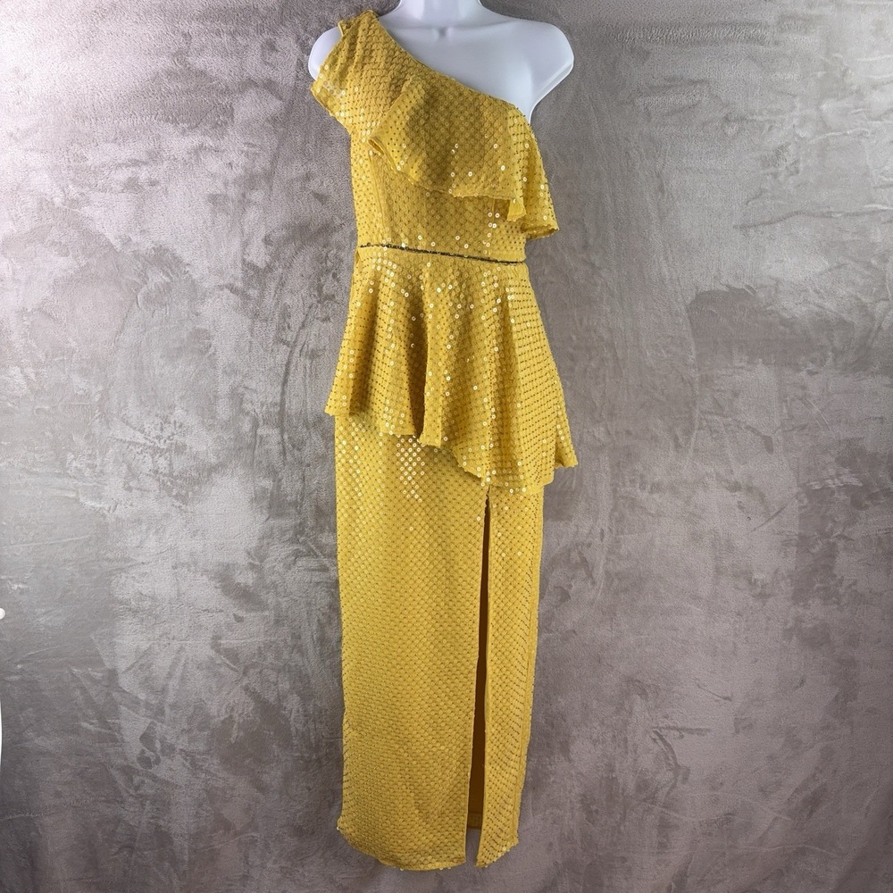Revolve NBD Sequin One Shoulder‎ Maxi Dress Womens Size XXS Yellow Ruffle